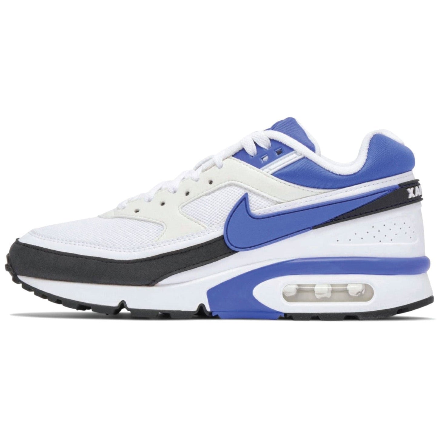 Close-up of the Nike Air Max BW Ultra SE 'Pure Platinum Racer Blue' sneakers, featuring a pure platinum and white upper with racer blue accents. The design includes a breathable mesh and synthetic upper, visible Air Max cushioning, and a contrasting black and dark grey heel and toe. The durable rubber outsole completes the look, available at Shoe Xport.