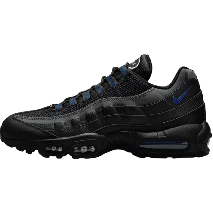 Air Max 95 Black Royal sneakers featuring a sleek black upper with striking royal blue accents, breathable mesh, durable overlays, and cushioned midsoles for all-day comfort and iconic style.