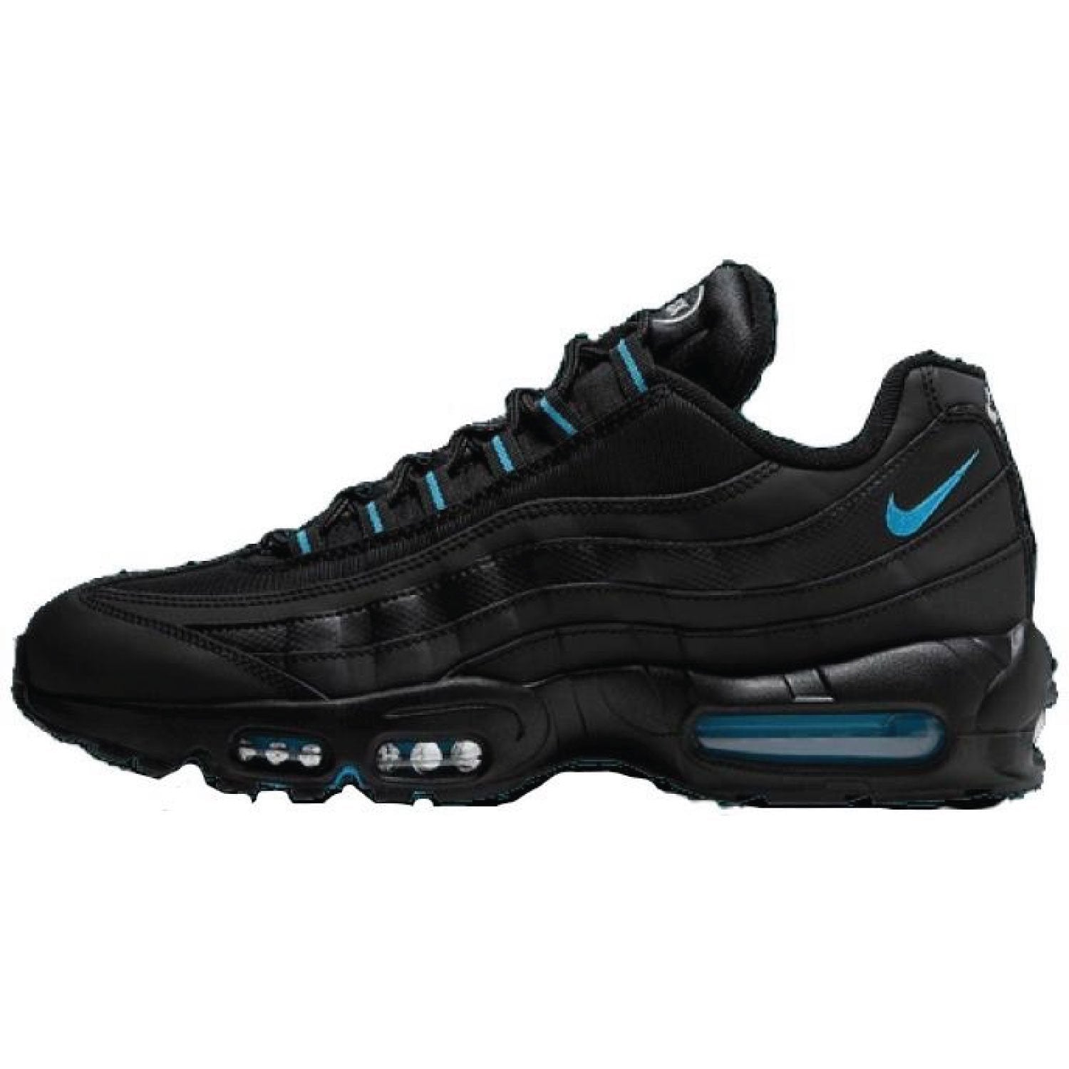 Close-up of the Nike Air Max 95 Black Laser Blue sneaker, featuring a black and gray gradient upper with mesh and synthetic layers. Laser Blue accents highlight the eyelets, outsole, and Air cushioning in the sole. The white midsole contrasts with the dark upper, and the black Nike swoosh is visible on the side, available at Shoe Xport.